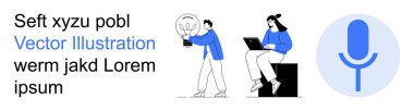 Yenilik, takım çalışması, iletişim, teknoloji, yaratıcılık, fikir üretimi. Ampul tutan kişi, dizüstü bilgisayar ve mikrofon ikonu kullanan biri. Yenilik ve takım çalışması kavramı