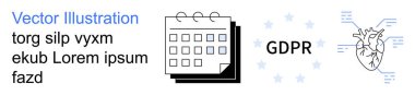 Veri gizliliği, GDPR uyumu, biyometrik güvenlik, dijital kimlik, sağlık veri koruması, çevrimiçi doğrulama. Takvim grafiği, GDPR biyometrik devreli insan kalbi mesajı. Veri gizliliği