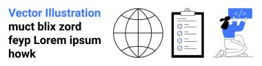 Dijital dönüşüm, küresel iletişim, görev yönetimi, yazılım geliştirme, kodlama eğitimi, iş akışı otomasyonu. Küre, kontrol listesi ve dizüstü bilgisayarda kod yazan bir kadın. Dijital dönüşüm