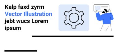 Dişli simgesi açık mavi kutuda, elinde insan belgesi, siyah metin ve tasarım dengesi için çizgiler var. Teknoloji, üretkenlik, iş akışı, organizasyon, kullanıcı arayüzü, iş ve basit için ideal