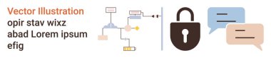Siber güvenlik, veri şifreleme, güvenli iletişim, teknoloji sistemleri, çevrimiçi güvenlik, dijital gizlilik. Diyagram, asma kilit simgesi ve konuşma baloncukları. Siber güvenlik ve veri şifreleme kavramı