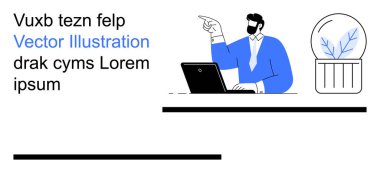 İş iletişimi, iş yeri sunumu, teknoloji kullanımı, uzaktan çalışma, modern ofis dekorasyonu, minimal tasarım. Dizüstü bilgisayarda çalışan ve işaret eden bir adam. İş iletişimi ve işyeri