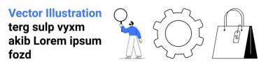 Elinde dairesel nesne, teçhizat ve etiketli alışveriş çantası olan kişi. Fikirler yaratıcılığı, ticareti, yeniliği, takım çalışmasını, tasarım sürecini ve pazarlamayı temsil eder. Basit bir iniş sayfası için ideal