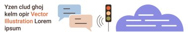 Bulut hesaplama, veri paylaşımı, dijital iletişim, çevrimiçi hizmetler, trafik sinyalleri, kablosuz teknoloji. Konuşma baloncukları, trafik ışığı ve bulut grafiği. Bulut hesaplama ve veri paylaşımı