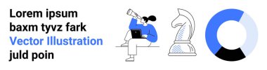 İş stratejisi, planlama, vizyon, analitik, takım çalışması, büyüme. Teleskop, dizüstü bilgisayar, satranç şövalyesi ve çizelgeyle bakan biri. İş stratejisi ve planlama konsepti