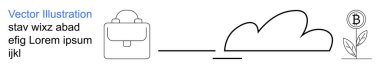 Finansal planlama, kripto para birimi, iş stratejisi, bulut depolama, yatırım, sürdürülebilirlik. Evrak çantası çizgisi, bulut ve Bitcoin büyüme ikonu. Kripto para birimi ve finansal planlama