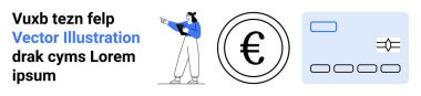 Elinde belge tutan bir kadın figürü, avro para ikonu, kredi kartı grafiği. Finans, bankacılık, dijital ödeme, tasarruf, yatırım, e-ticaret için ideal basit iniş sayfası