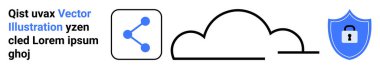 Bulut bilgisayarı, veri güvenliği, dosya paylaşımı, çevrimiçi depolama, güvenli bağlantılar, dijital güvenlik. Grafiksel olarak bir bulut, bir asma kilit ile simge ve kalkanı paylaşıyor. Bulut hesaplama ve veri güvenliği