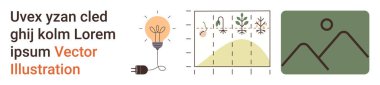 Teknoloji, yenilik, sürdürülebilirlik, veri analizi, yaratıcılık, doğa. Bir ampul, bitkilerle birlikte büyüme grafiği ve manzara ikonu. Yenilik ve sürdürülebilirlik kavramı