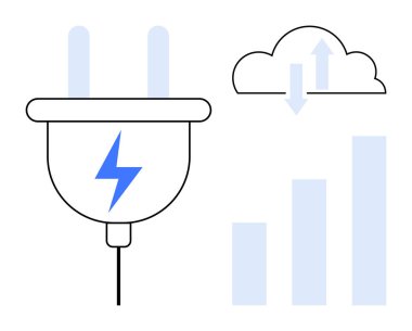 Enerji teknolojisi. Yıldırımlı elektrik prizi, bulut sembolü ve veri şeması enerji yönetimi ve bulut entegrasyonu. Enerji yeniliği, verimlilik çözümleri ve teknolojik uygulamalar. İdeal