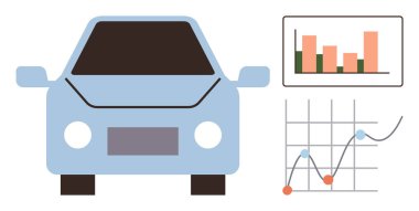 Barın ve çizgi çizelgelerinin yanında mavi araba ön görünümü performans eğilimleri ve analizleri gösteriyor. Otomotiv endüstrisi, veri analizi, ulaşım, teknoloji, yenilik ve izleme için ideal