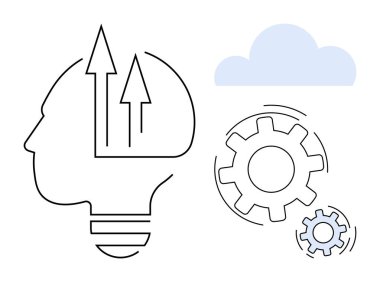 Yenilik, yaratıcılık, teknoloji, işlem optimizasyonu, bulut hesaplaması, beyin fırtınası. Okları, dişlileri ve bulutu olan bir insan kafasının taslağı. Yenilik ve yaratıcılık kavramları