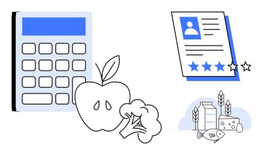 Hesap makinesi, elma, brokoli, kullanıcı inceleme kartı ve sağlıklı gıda ikonları süt, balık ve tahılları onaylıyor. Beslenme, sağlık sağlığı diyeti, gıda kalitesi planlaması için idealdir.