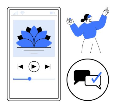 Meditasyon çiçekli mobil uygulama ekranı, medya kontrolleri, işaretli iletişim simgeleri ve VR kullanan kadın. Farkındalık, kişisel bakım, sanal teknoloji, iletişim, sağlık uygulamaları için ideal