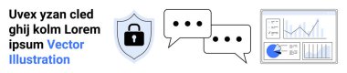 Veri güvenliği için kilit, iletişim için konuşma baloncukları ve veri içgörüsü için analitik gösterge paneli. Güvenlik, işbirliği, analiz, teknoloji, pazarlama için ideal SaaS sade iniş sayfası
