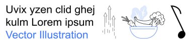 Grafik tasarım, yaratıcılık, gıda fikirleri, müzik, büyüme, veri görselleştirme. Metinler, oklar, yemek kasesi ve bir nota. Basit ikonlar aracılığıyla yaratıcılık ve gıda fikirleri