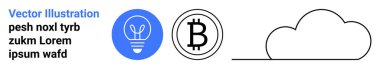 Kripto para birimi, bulut depolama, yenilik, engelleme zinciri, veri paylaşımı ve teknoloji. Görseller arasında bir ampul, Bitcoin sembolü ve bulut var. Kripto para birimi ve bulut depolama kavramları