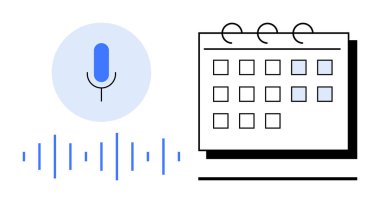 Ses dalgaları olan mikrofon, ses kontrollü organizasyonu temsil eden bir takvim ızgarasının yanında. Üretkenlik, teknoloji, dijital araçlar, ses arayüzü, kişisel asistan, zamanlama için ideal