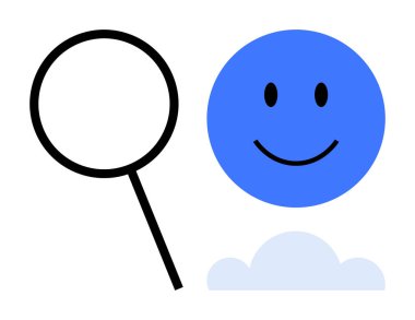 Arama konsepti. Büyüteç, mutlu yüz ve bulut keşfi, mutluluk ve dijital bağlantı. Arama, navigasyon, yenilik ve problem çözme için gereklidir. İş için harika.