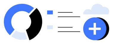 Veri yönetimi konsepti. Pasta grafiği, bulut depolama ve toplama sembolü olan veri işlemleri. Veri yönetimi organizasyonu ve bulut temelli işbirliğini teşvik etmektedir. Teknoloji, analiz ve uygulamalar için kullanışlı