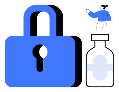 Veri güvenliği, sağlık hizmetleri, çevrimiçi gizlilik, dijital güvenlik, tıbbi erişim, veri koruması. Mavi kilit, ilaç şişesi ve insan. Veri güvenliği ve sağlık hizmetleri