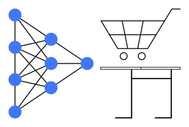Yapay zeka, makine öğrenme, e-ticaret, veri analizi, teknoloji entegrasyonu, tüketici davranışı. Bir alışveriş arabasının yanında sinirsel ağ şeması. Yapay zeka