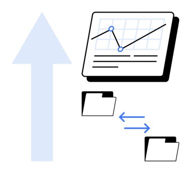 Büyüme oku, trend çizgisi ile analitik çizelgesi, senkronize klasörler veri paylaşımını, başarıyı, işbirliğini temsil ediyor. İş geliştirme, dijital transfer, strateji, analiz ekip çalışması için ideal