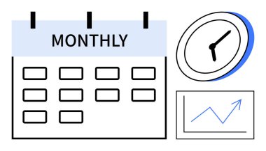 Zaman yönetimi, verimlilik planlaması, hedef izleme, zamanlama, iş analizleri, proje organizasyonu. Bir takvim, saat ve grafik gösterilir. Zaman yönetimi ve verimlilik planı