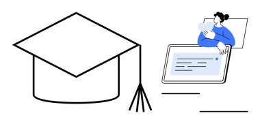 Online eğitim. Mezuniyet başlığı ve çevrimiçi öğrenme kaynaklarıyla ilgilenen kişi çevrimiçi eğitimi ön plana çıkarıyor. Çevrimiçi eğitimin modern öğrenimi, dijital bağlantı ve yenilik. Öğretmek için