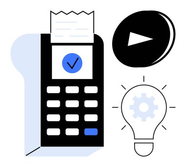 E-ticaret, dijital işlemler, fintech araçları, online ödemeler, yenilik, teknoloji. Faturalı ödeme terminali, sembol dişli ampulü çal. E-ticaret ve dijital işlem kavramları