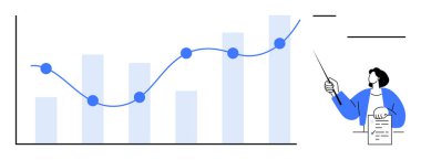 İş kadını, yukarı doğru eğilimli grafiği işaretleyici kullanarak, raporunu tutarak açıklıyor. Analiz, pazarlama, strateji, eğitim, sunum ve finansal planlama için ideal. Basit düz metafor