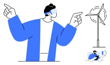 Sürdürülebilirlik, yeşil enerji, yenilenebilir teknoloji, sanal gerçeklik, gelecekteki yenilik, temiz enerji. VR kulaklık takan biri rüzgar türbinini işaret ediyor. Yeşil enerji ve yenilenebilir teknoloji