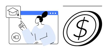 Eğitim, e-öğrenme, finansal büyüme, sanal sınıflar, bilgi geliştirme, çevrimiçi kaynaklar. Bir dolar sembolünün yanındaki ekranda mezuniyet şapkası simgesini gösteren bir kişi. Eğitim