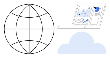 Teknoloji, veri analizi, bulut depolama, küresel iletişim, dijital dönüşüm, iş zekası. Küre, veri tabanlı dizüstü bilgisayar ve bulut simgesi. Veri analizi ve bulut depolama fikirleri
