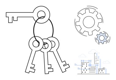 Güvenlik, yenilik, altyapı, iş stratejisi, teknoloji, mülk yönetimi. Dişli sembollü ve modern şehir manzaralı bir yüzüğün üç anahtarı. Güvenlik ve yenilik kavramı