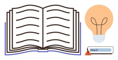 Bilgiyi sembolize eden açık bir kitap, fikirleri temsil eden bir ampul ve çevrimiçi uyarıyı işaret eden bir ağ bağlantısı. Eğitim, yaratıcılık, yenilik, araştırma, uyarı, basit öğrenme için ideal