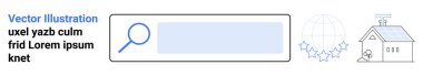 Arama motorları, teknoloji, çevre dostu tasarım, küresel bağlantı, yenilenebilir enerji, dijital araçlar. Büyüteci ve küresi olan bir arama barı, güneş panelli bir ev. Arama motorları
