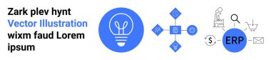 İş yönetimi, teknoloji çözümleri, iş akışı optimizasyonu, ERP araçları, yenilik, sistem tasarımı. Mavi simgeler ampulü, ERP 'yi ve süreçle ilgili sembolleri işaret ediyor. İş yönetimi ve ERP
