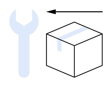 Lojistik konsept. İngiliz anahtarı, kutusu ve yön oku hareketi, onarımı ve dağıtımı olan lojistik görseller. Nakliye, onarım hizmetleri, tedarik zinciri depo yönetimi için lojistik