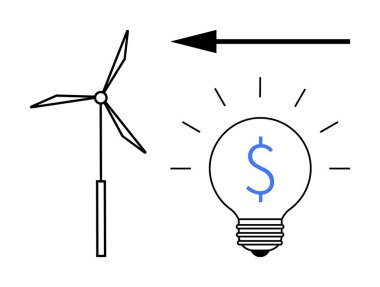 Enerji konsepti. Rüzgar enerjisi bir türbin ve dolar verimliliği olan bir ampul tarafından gösteriliyor. Enerji tasarrufu ve yenilenebilir çözümler. Sürdürülebilirlik, çevre dostu iş ve enerji için
