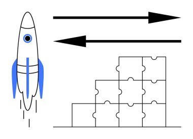 İlerleme konsepti. Yenilikler için roket, takım çalışması için yapboz parçaları. İlerleme yönü oklarla belirlendi. Ticari hedefler, yenilik stratejileri, takım çalışması, gelecek planlaması için