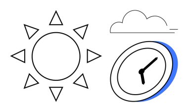 Zaman yönetimi, hava tahmini, günlük planlama, gündüz takibi, verimlilik ve programlama. Güneş, bulut ve saat sembolleri minimalist anahat tarzında. Zaman yönetimi ve hava tahmini