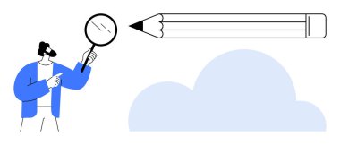 Eğitim, yaratıcılık, araştırma, bulut teknolojisi, beyin fırtınası, analiz. Elinde büyüteç tutan bir adam, büyük bir kalem ve bulut elementi. Eğitim ve yaratıcılık kavramı