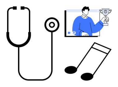 Stetoskop müzik notası ve ekranın yanında elinde kupa olan kişi. Sağlık, müzik, sanal iletişim, başarı, başarı, uzaktan öğrenme ve dijital kutlamayı temsil eder