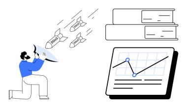 Yaklaşan DDoS saldırılarını engelleyen bir kalkan tutan kişi, veri analizi için çizgi grafiği, yakınlardaki kitap yığını. Veri koruması, siber güvenlik, tehdit azaltma, bilişim stratejisi ve eğitim için ideal