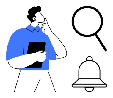 Bir tablet tutarken düşünen, arama yaparken büyüten ve alarm zilini çalan bir adam. Analiz, karar verme, araştırma, hatırlatma, bildirim için ideal basit teknoloji