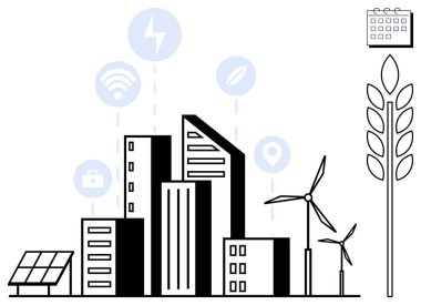 Modern binalar, rüzgar türbinleri, güneş panelleri, bağlantı ikonları, güç, çevre, takvim, buğday. Kentsel planlama için ideal sürdürülebilirlik teknolojisi yenilik enerji tarımı