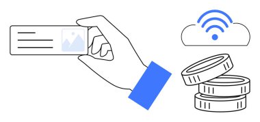 Kimlik doğrulama, dijital işlemler, uzaktan erişim, finansal teknoloji, bulut verileri, siber güvenlik. El ele tutuşan kimlik kartı, içinde bozuk paralar olan bir bulut. Kimlik doğrulama ve dijital