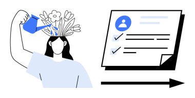 Başındaki çiçekleri sulayan kadın, listenin yanında kişisel gelişimi de simgeliyor. Kişisel gelişim, kalkınma, kariyer büyümesi, hedef belirleme, kişisel yatırım, öğrenme, başarı için ideal