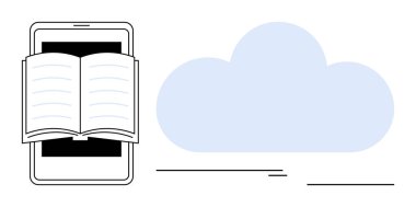 Akıllı telefondan çevrimiçi veri erişimini temsil eden büyük bir bulut simgesinin yanındaki kitabı aç. Eğitim, teknoloji, okuma, e-öğrenme, çevrimiçi kütüphane, bilgi paylaşımı, bilgi depolama için ideal